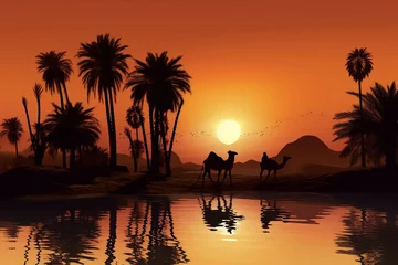 Foto auf Acrylglas Backstein A peaceful desert landscape at sunset, with silhouettes of camels and palm trees Generative AI