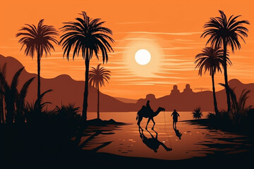 A peaceful desert landscape at sunset, with silhouettes of camels and palm trees Generative AI