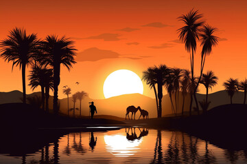Obraz premium A peaceful desert landscape at sunset, with silhouettes of camels and palm trees Generative AI