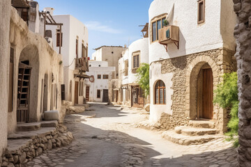 Fototapeta premium A picturesque village scene with cobblestone streets and traditional Islamic houses Generative AI