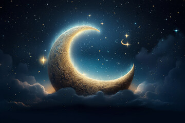 Obraz na płótnie Canvas A dreamy moonlit scene with a crescent moon and twinkling stars, depicting a peaceful night Generative AI