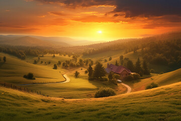 A peaceful countryside landscape with rolling hills and a radiant sunrise or sunset Generative AI