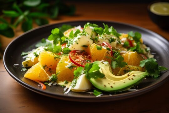 A jicama salad topped with fresh oranges, avocado, and a tangy dressing, beautifully plated and garnished with cilantro