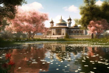 A serene scene of a traditional Islamic mosque reflecting in a calm lake, surrounded by vibrant trees and flowers Generative AI