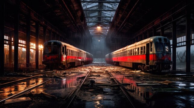 An old vintage abandoned red train station destroyed on a stormy day Generative AI Illustration