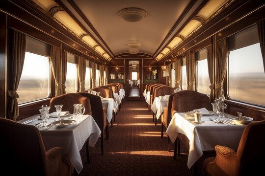 Concept art illustration of luxury dining car interior of train, Generative AI