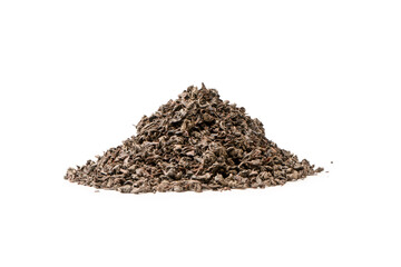 Dried tea leaves isolated on a white background.