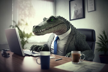 ai generated Illustration of A crocodile in a business suit at the office.