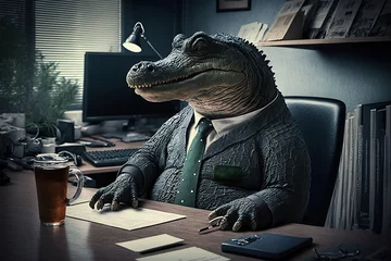 Fototapeten ai generated Illustration of A crocodile in a business suit at the office. © maylim