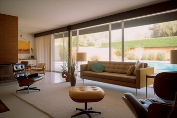 Fototapeta premium Generative AI illustration of mid-century modern house living room interior design