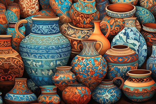 A vibrant illustration of traditional Islamic pottery, adorned with intricate geometric patterns Generative AI