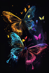 Fototapeta na wymiar Beautiful neon multi-colored butterflies on a black background, painted in watercolor. AI Generated