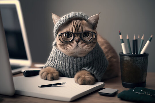 ai generated Illustration innocence cat work as intern