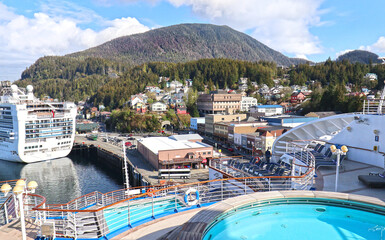View Towards New Town Ketchikan, Alaska. Aerial View atop Aft Stern of Cruise Ship Deck