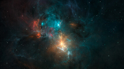 Fototapeta na wymiar Space background. Colorful blue and orange nebula with star field. Digital painting