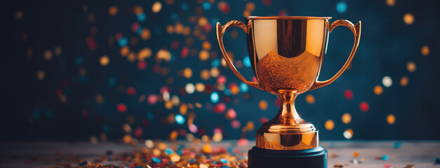 1st champion award, the best prize and winner concept, championship cup or winner trophy on wood table on dark wall and white smoke confetti background,generative ai.