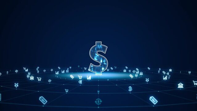 Motion graphic of Blue digital money logo with futuristic technology icon and line connection with circle rotation on abstract background digital money and financial concept
