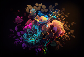 Glowing bouquet of flowers on a dark background with highlights. AI Generated