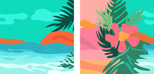 Fototapeta na wymiar Hello summer. Set of summer banners with colorful tropical leaves, sea, flowers. The concept of relaxation. Templates are perfect for ads, banners, websites, posters. Vector graphics.