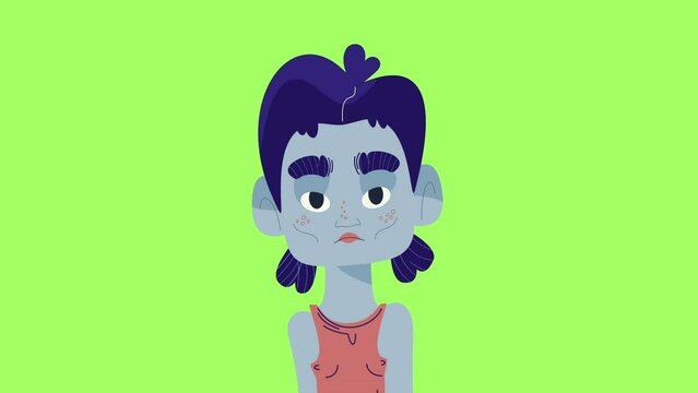 Serious face expression avatar walks and looks around, eyes blinking. Walking character looping video animation.