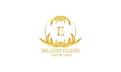 Gold luxury logo, elegant monogram vector design with initial letter E on white background.