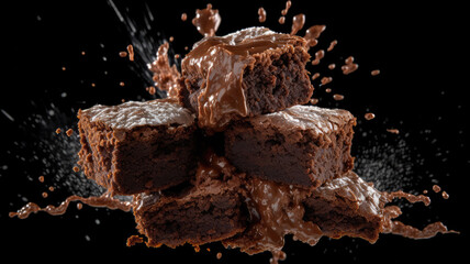 Pouring melted chocolate on cake biscuits in a slow motion. Brownies with chocolate icing on black background - obrazy, fototapety, plakaty
