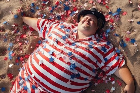 top view of happy overweight fat man laying on the beach celebrating America fourth of july or indepedence day,generative ai.