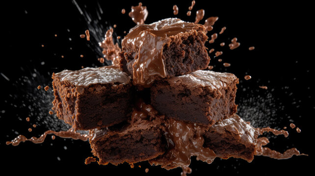 Pouring melted chocolate on cake biscuits in a slow motion. Brownies with chocolate icing on black background