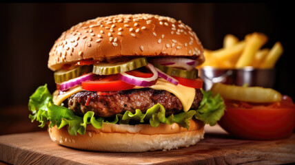 Tasty burger with beef, french fries and ketchup on dark background. Burger top view. Fast food fries and cheeseburger.