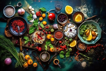 A colorful platter of healthy food and ingredients, top view. Generative AI.