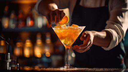 bartender making cocktail. slicing a long ribbon of lemon peel - obrazy, fototapety, plakaty
