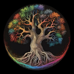 Tree of life, gnarled roots, leaves in rainbow colors on black background, Generative AI