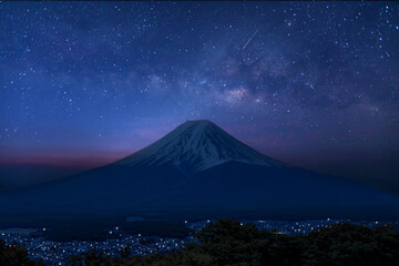 Fototapeta na wymiar Japan icon Mt Fuji at night and universe space and milky way galaxy with stars on night sky background.