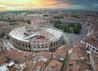 Aerial view of Verona with the Verona Arena in the center. Veneto, Italy