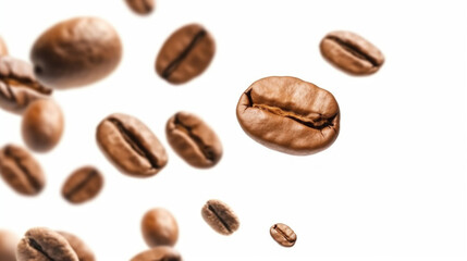 Coffee beans flying levitating on white background. AI generative