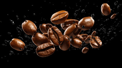 coffee beans flying crush on a black background