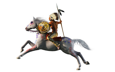 A war chief wearing a headdress and carrying a spear and shield rides a charging white horse. Both rider and mount are painted for war. On a white background. 3D Rendering.
 - obrazy, fototapety, plakaty