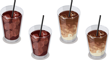 アイスコーヒーとアイスカフェラテのアイソメトリックベクターイラスト