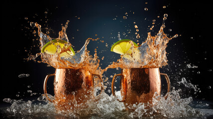 Famous splashing Moscow mule alcoholic cocktail in copper mugs