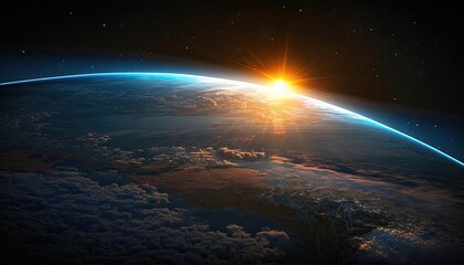 Fototapeta na wymiar Blue sunrise view of earth from space