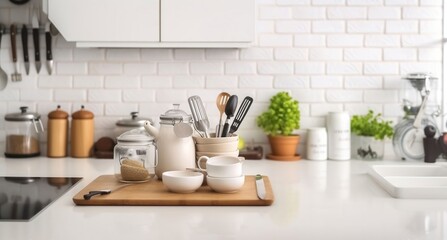 Fototapeta na wymiar Kitchen utensils, cooking ingredients and kitchenware on white counter table. Generative AI