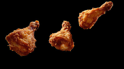 Fried chicken legs Crush flying isolated on a black background. Generative AI