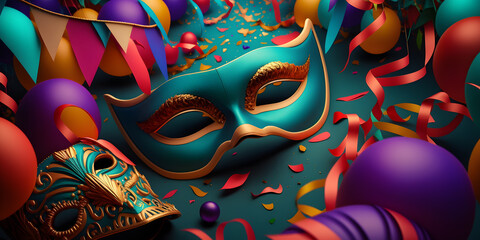 Classy color carnival party banner, elegant mask with decorations background. Generation AI