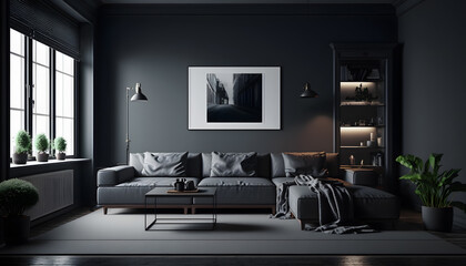 Stylish dark living room interior background, black wall witj green flowers, Scandinavian style. Generation AI