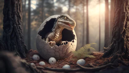Gordijnen Young dinosaur T Rex hatches from an egg in forest in habitat, Jurassic period. Generation AI © Adin