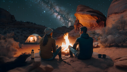Happy colover couple sitting by campfire watching night sky with milky way full around tent camping, back view. Concept travel trip romantic vacation man and woman. Generation AI