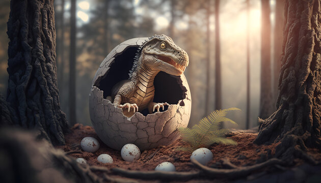 Fototapeta Young dinosaur T Rex hatches from an egg in forest in habitat, Jurassic period. Generation AI