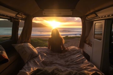 Van on the beach in Hawaii. A young woman sitting inside of it watching the sunset peacefully. Generative Ai
