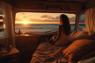 Van on the beach in Hawaii. A young woman sitting inside of it watching the sunset peacefully. Generative Ai