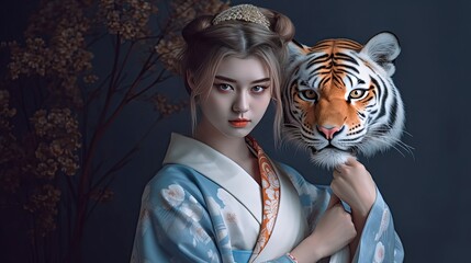 close up portrait of beautiful young woman holding tiger mask, Generative Ai